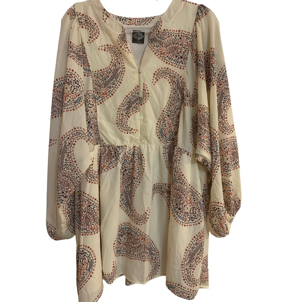 Cal Style Womens Paisley Tunic Blouse XL Cream Multi V-Neck Balloon Sleeve New